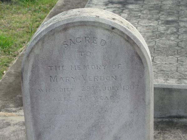 Mary VERDON  | d: 29 Jul 1907, aged 78  | Harrisville Cemetery - Scenic Rim Regional Council  | 
