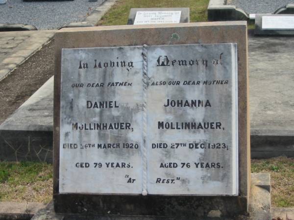 Daniel MOLLINHAUER  | d: 26 Mar 1920, aged 79  | Johanna MOLLINHAUER  | d: 27 Dec 1923, aged 76  |   | Reginald MOLLENHAUER  | b: 10 Sep 1925, d: 30 Jul 1929  | Harrisville Cemetery - Scenic Rim Regional Council  | 