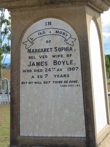 Margaret Sophia (BOYLE)  | wife of James BOYLE  | d: 24 Aug 1907, aged 70  |   | Thomas Henry (BOYLE)  | son of James and Margaret Sophia BOYLE  | d: 2 May 1867, aged 2 years 3 months  |   | (grandchild) Edward James WILSON  | son of Robert Henry and Janet Miller Fitzgerald WILSON  | d: 29 Jun 1887, aged 1 year and 24 days  |   | Harrisville Cemetery - Scenic Rim Regional Council  |   | 