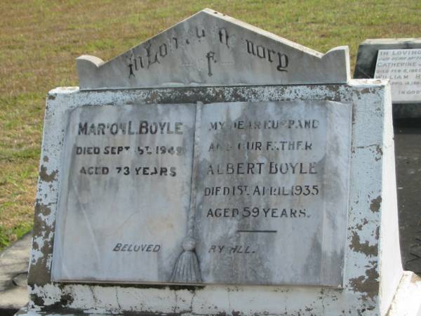 Albert BOYLE  | d: 1 Apr 1935, aged 59  | Marion BOYLE  | d: 5 Sep 1949, aged 73  | Harrisville Cemetery - Scenic Rim Regional Council  |   | 
