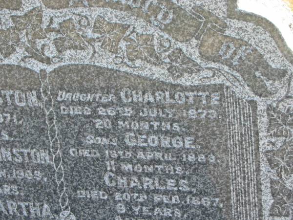 Eliza JOHNSTON  | d: Jan 1871, aged 66  | Charles JOHNSTON  | d: 7 Jan 1909, aged 64  | (wife) Martha (JOHNSTON)  | d: 23 Aug 1943, aged 89  | (dau) Charlotte (JOHNSTON)  | d: 26 Jul 1873, aged 20 months  | (son) George (JOHNSTON)  | d: 13 Apr 1883, aged 11 months  | (son) Charles (JOHNSTON)  | d: 20 Feb 1887, aged 9 years  | (son) Andrew (JOHNSTONE)  | d: 15 Mar 1887, aged 7 months  |   | Harrisville Cemetery - Scenic Rim Regional Council  | 