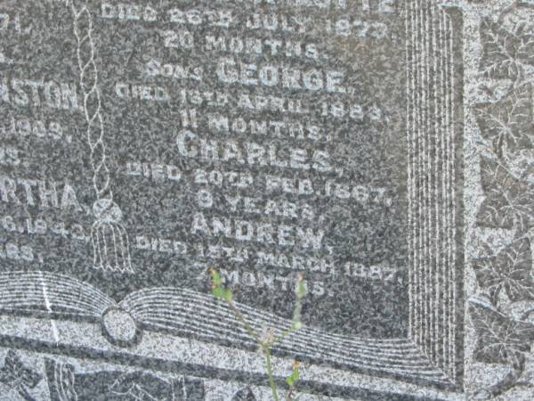 Eliza JOHNSTON  | d: Jan 1871, aged 66  | Charles JOHNSTON  | d: 7 Jan 1909, aged 64  | (wife) Martha (JOHNSTON)  | d: 23 Aug 1943, aged 89  | (dau) Charlotte (JOHNSTON)  | d: 26 Jul 1873, aged 20 months  | (son) George (JOHNSTON)  | d: 13 Apr 1883, aged 11 months  | (son) Charles (JOHNSTON)  | d: 20 Feb 1887, aged 9 years  | (son) Andrew (JOHNSTONE)  | d: 15 Mar 1887, aged 7 months  |   | Harrisville Cemetery - Scenic Rim Regional Council  | 