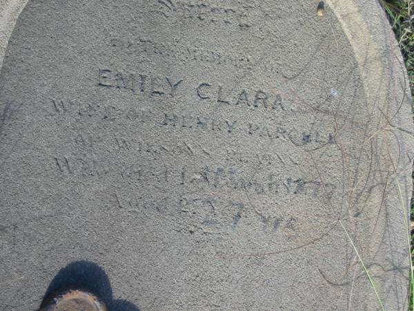 Emily Clara (PARCELL)  | (wife of Henry PARCELL)  | d: 12 Mar 1877, aged 27  |   | Harrisville Cemetery - Scenic Rim Regional Council  | 