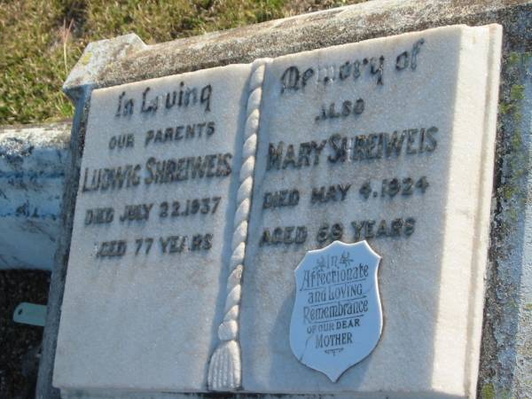 Ludwig SHREIWEIS  | d: 2 Jul 1937, aged 77  | Mary SHREIWEIS  | d: 4 May 1924, aged 59  |   | Harrisville Cemetery - Scenic Rim Regional Council  | 