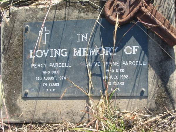 Percy PARCELL  | d: 13 Aug 1974, aged 74  | Olive Irene PARCELL  | d: 8 Jul 1992 aged 80 years  |   | Harrisville Cemetery - Scenic Rim Regional Council  | 