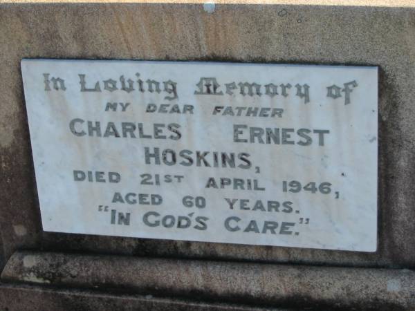 Charles Ernest HOSKINS  | d: 21 Apr 1946, aged 60  |   | Harrisville Cemetery - Scenic Rim Regional Council  | 