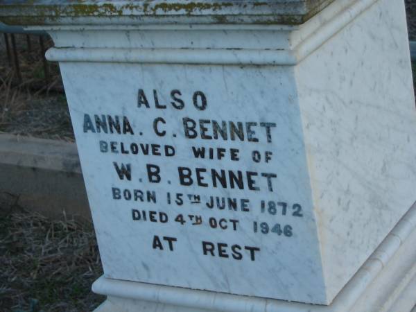 Catharina (BENNET)  | wife of W.B. BENNET  | daughter of J ALTHAUS  | b: 9 Mar 1870  | d: 15 Sep 1905  | Anna C BENNET  | wife of W.B. BENNET  | b: 15 Jun 1872  | d: 4 Oct 1946  | William Brock BENNET  | b: 30 Mar 1860  | d: 21 Mar 1945  |   | Harrisville Cemetery - Scenic Rim Regional Council  | 