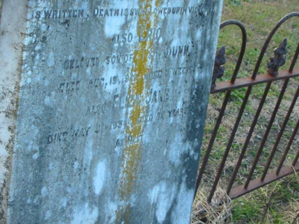 William DUNN  | d: 28 Dec 1901, aged 67  |   | Eric  (DUNN)  | (son of T and P DUNN)  | d: 19 Aug 1919, aged 6 weeks  |   | Eliza Jane (DUNN)  | d: 31 May 1936, aged 85  |   |   | Harrisville Cemetery - Scenic Rim Regional Council  | 