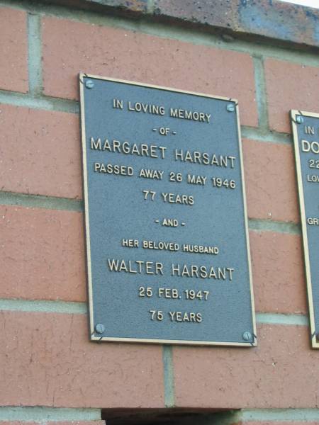 Margaret HARSANT  | d: 26 May 1946, aged 77  | (husband) Walter HARSANT  | d: 25 Feb 1947, aged 75  |   | Harrisville Cemetery - Scenic Rim Regional Council  | 