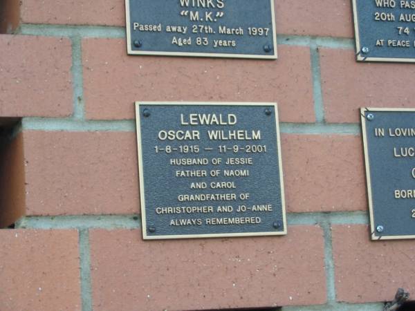 Oscar Wilhelm LEWALD  | b: 1 Aug 1915, d: 11 Sep 2001  | husband of Jessie, father of Naomi and Carol, grandfather of Christopher and Jo-Anne  |   | Harrisville Cemetery - Scenic Rim Regional Council  | 