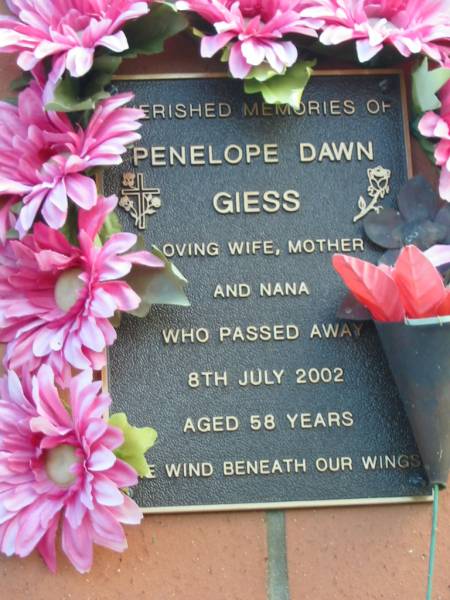 Penelope Dawn GIESS  | d: 8 Jul 2002, aged 58  |   | Harrisville Cemetery - Scenic Rim Regional Council  | 