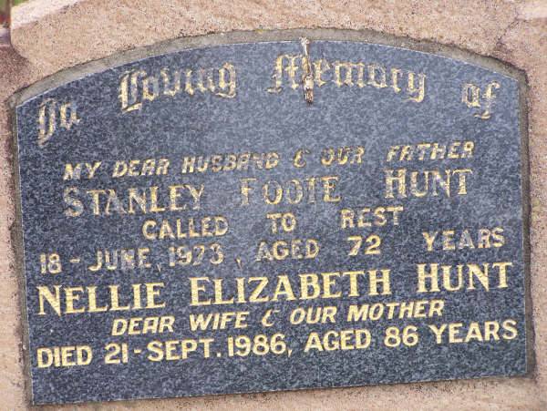 Stanley Foote HUNT  | d: 18 Jun 1973, aged 72  | Nellie Elizabeth HUNT  | d: 21 Sep 1986, aged 86  | Harrisville Cemetery - Scenic Rim Regional Council  | 