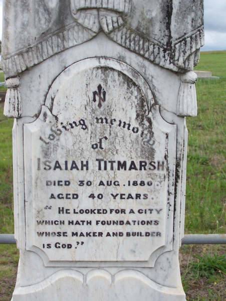 Isaiah TITMARSH  | d: 30 Aug 1880, aged 40  |   | Harrisville Cemetery - Scenic Rim Regional Council  | 