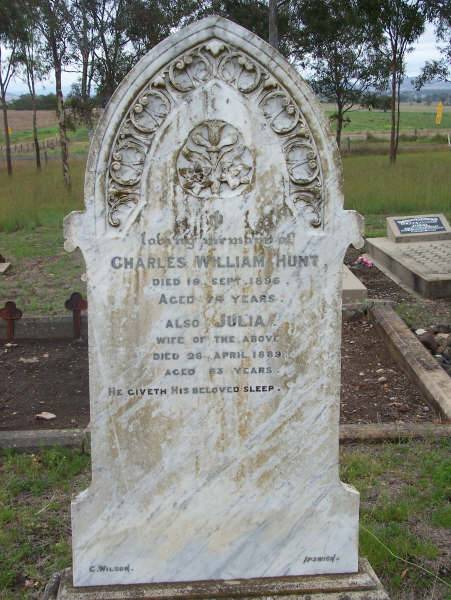 Charles William HUNT  | d: 19 Sep 1896, aged 74  | (wife) Julia (HUNT)  | d: 28 Apr 1889, aged 63  |   | Harrisville Cemetery - Scenic Rim Regional Council  | 