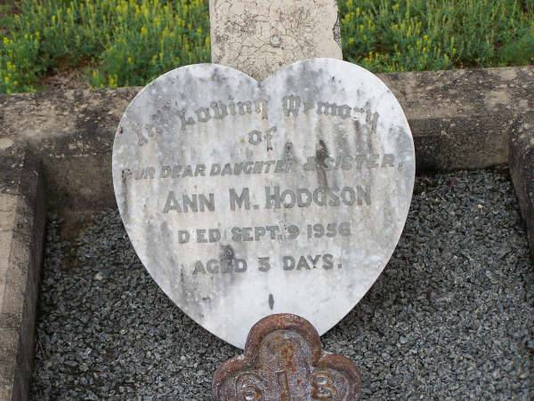 Ann M HODGSON  | d: 9 Sep 1956, aged 5 days  |   | Harrisville Cemetery - Scenic Rim Regional Council  | 