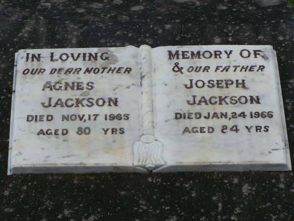 Agnes JACKSON  | d: 17 Nov 1965, aged 80  | Joseph JACKSON  | d: 24 Jan 1966, aged 84  |   | Harrisville Cemetery - Scenic Rim Regional Council  | 