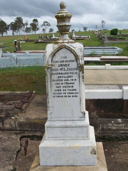 Hugh Mc.L. CARSON  | d: France 29 May 1918, aged 23  |   | Harrisville Cemetery - Scenic Rim Regional Council  | 