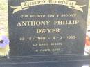 
Anthony Phillip DWYER
b: 23 Apr 1960, d: 4 Mar 1995
Harrisville Cemetery - Scenic Rim Regional Council

