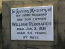 
William REINHARDT
d: 2 Jan 1921, aged 44
Harrisville Cemetery - Scenic Rim Regional Council

