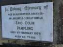 Eric Colin PAMPLING d: 9 Feb 19794, aged 64 Harrisville Cemetery - Scenic Rim Regional Council 