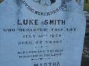 
Luke SMITH
d: 18 Jul 1879, aged 52
(wife) Martha (SMITH)
d: 7 Sep 1888 aged 59
Harrisville Cemetery - Scenic Rim Regional Council

