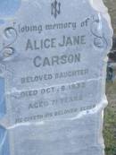 Elizabeth (CARSON) (wife of Hugh R CARSON) d: 2 Feb 1898, aged 30 Joseph Lloyd (CARSON) infant son, aged 4 weeks  Hugh H CARSON d: 26 Feb 1939, aged 80  Hugh Mc L CARSON d: (France) 29 May 1918, aged 23  Margaret (CARSON) (wife of William CARSON) d: 20 Sep 1900, aged 76  William CARSON d: 26 Aug 1907, aged 87  Alice Jane CARSON (daughter) d: 6 Oct 1932, aged 71  Harrisville Cemetery - Scenic Rim Regional Council 