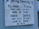 
Clemont BOYLE
d: 27 Apr 1970, aged 83
Annie BOYLE
d: 23 Sep 1974, aged 86
Harrisville Cemetery - Scenic Rim Regional Council
