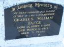 
Charles William TAEGE
b: 1 Oct 1903, d: 31 Mar 1975, aged 71
Harrisville Cemetery - Scenic Rim Regional Council
