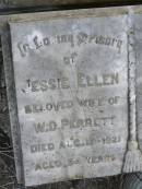 
Jessie Ellen (PERRETT)
(wife of W.D.PERRETT
d: 12 Aug 1921, aged 54
William D PERRETT
d: 13 Oct 1929, aged 67
Harrisville Cemetery - Scenic Rim Regional Council
