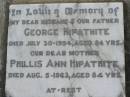 
George HIPATHITE
d: 30 Jul 1954, aged 84
Phillis Ann HIPATHITE
d: 5 Aug 1963, aged 84
Harrisville Cemetery - Scenic Rim Regional Council

