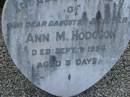 
Ann M HODGSON
d: 9 Sep 1956, aged 5 days
Harrisville Cemetery - Scenic Rim Regional Council
