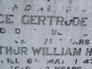 
Alice Gertrude HUNT
d: 11 Jul 1939, aged 71
Arthur William HUNT
d: 6 May 1947, aged 86
Harrisville Cemetery - Scenic Rim Regional Council
