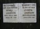 
Agnes JACKSON
d: 17 Nov 1965, aged 80
Joseph JACKSON
d: 24 Jan 1966, aged 84
Harrisville Cemetery - Scenic Rim Regional Council
