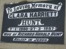 
Clara Harriett HUNT
b: 7 Jan 1900
d: 27 Mar 1987
(wife of Richard Harold HUNT)
Harrisville Cemetery - Scenic Rim Regional Council
