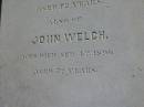 
Rachel WELCH
d: 29 Aug 1890, aged 66
William Welch
d: 5 Jul 1896, aged 72
John WELCH
d: 4 Sep 1896, aged 72

Harrisville Cemetery - Scenic Rim Regional Council
