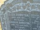 
Eliza JOHNSTON
d: Jan 1871, aged 66
Charles JOHNSTON
d: 7 Jan 1909, aged 64
(wife) Martha (JOHNSTON)
d: 23 Aug 1943, aged 89
(dau) Charlotte (JOHNSTON)
d: 26 Jul 1873, aged 20 months
(son) George (JOHNSTON)
d: 13 Apr 1883, aged 11 months
(son) Charles (JOHNSTON)
d: 20 Feb 1887, aged 9 years
(son) Andrew (JOHNSTONE)
d: 15 Mar 1887, aged 7 months

Harrisville Cemetery - Scenic Rim Regional Council
