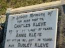 
Charles KLEVE
d: 1 Jun 1941, aged 87
Annie KLEVE
d: 30 Oct 1931, aged 75
Dudley KLEVE
d: 11 Apr 1922, aged 3 yrs 7 mths

Harrisville Cemetery - Scenic Rim Regional Council
