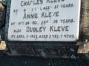 
Charles KLEVE
d: 1 Jun 1941, aged 87
Annie KLEVE
d: 30 Oct 1931, aged 75
Dudley KLEVE
d: 11 Apr 1922, aged 3 yrs 7 mths

Harrisville Cemetery - Scenic Rim Regional Council
