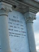 
William WINKS
b: 23 Sep 1827, d: 22 Dec 1899, aged 72

Hannah WINKS
b: 24 Jan 1838, d: 7 Dec 1925, aged 87 years 11 months

Harrisville Cemetery - Scenic Rim Regional Council

