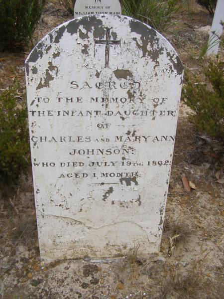 infant daughter of Charles and Mary Ann JOHNSON  | d: 19 Jul 1862 aged 1 mo  |   | Harvey's return Cemetery - Kangaroo Island  |   | 