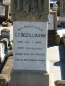 
C F W ZILLMANN; b: 1 Jul 1847; d: 13 Sep 1923
St Pauls Lutheran Cemetery, Hatton Vale, Laidley Shire
