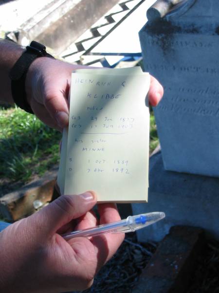 Heinrich G. KLIBBE, born 20 June 1877 died 1? June 1903, police;  | Minne, born 1 Oct 1889 died 7 Apr 1892, sister;  | St Paul's Lutheran Cemetery, Hatton Vale, Laidley Shire  | 