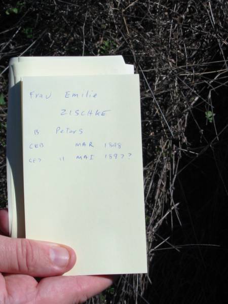 Frau Emilie ZISCHKE, born PETERS, born Mar 1849 died 11 May 1897?;  | St Paul's Lutheran Cemetery, Hatton Vale, Laidley Shire  | 