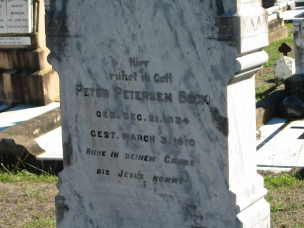 Peter Petersen BECK, born 21 Dec 1834 died 3 March 1910;  | Anna BECK, born 26 July 1839 died 21 Aug 1918;  | St Paul's Lutheran Cemetery, Hatton Vale, Laidley Shire  | 