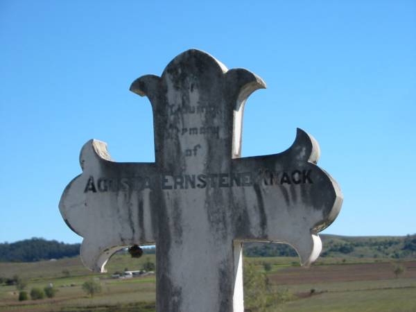 Agusta Ernstene KNACK, born 13 Jan 1858, died 29 Jan 1922, aged 66 years;  | Theodor Heinrich KNACK, born 21 Sept 1849, died 8 Sept 1932?, aged 83 years, husband;  | St Paul's Lutheran Cemetery, Hatton Vale, Laidley Shire  |   | 