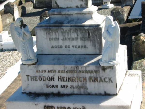 Agusta Ernstene KNACK, born 13 Jan 1858, died 29 Jan 1922, aged 66 years;  | Theodor Heinrich KNACK, born 21 Sept 1849, died 8 Sept 1932?, aged 83 years, husband;  | St Paul's Lutheran Cemetery, Hatton Vale, Laidley Shire  |   | 