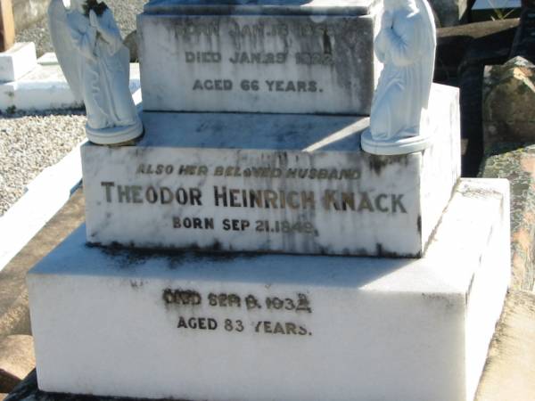Agusta Ernstene KNACK, born 13 Jan 1858, died 29 Jan 1922, aged 66 years;  | Theodor Heinrich KNACK, born 21 Sept 1849, died 8 Sept 1932?, aged 83 years, husband;  | St Paul's Lutheran Cemetery, Hatton Vale, Laidley Shire  |   | 