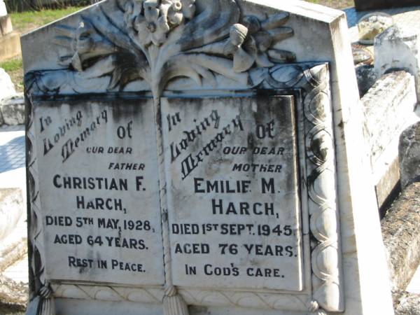 Christian F HARCH; d: 5 May 1928 aged 64  | Emilie M HARCH; d: 1 Sep 1945; aged 76  | St Paul's Lutheran Cemetery, Hatton Vale, Laidley Shire  | 