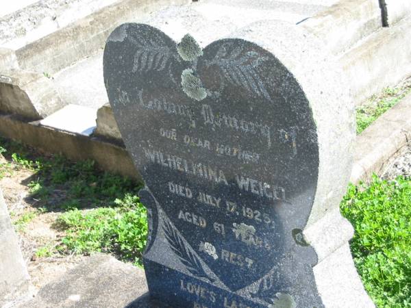 Wilhelmina WEIGEL; 17 Jul 1925; aged 61  | St Paul's Lutheran Cemetery, Hatton Vale, Laidley Shire  | 