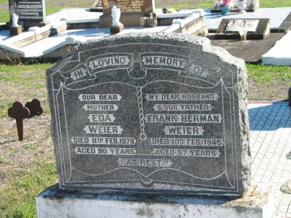 Eda WEIER; 11 Feb 1979; aged 90  | Frank Herman WEIER; 10 Feb 1945; aged 57  | St Paul's Lutheran Cemetery, Hatton Vale, Laidley Shire  | 